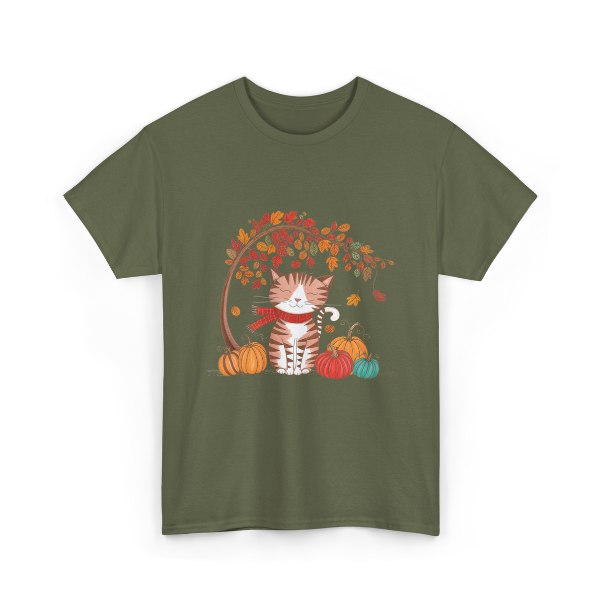 Happy Fall Cat Autumn T-Shirt - Military Green