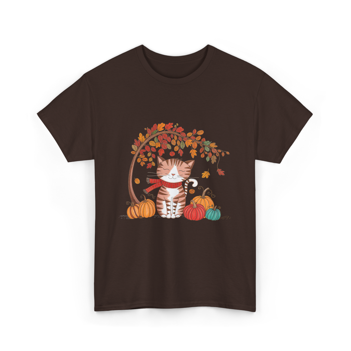 Happy Fall Cat Autumn T-Shirt - Dark Chocolate