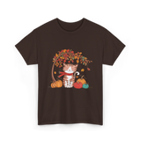 Happy Fall Cat Autumn T-Shirt - Dark Chocolate