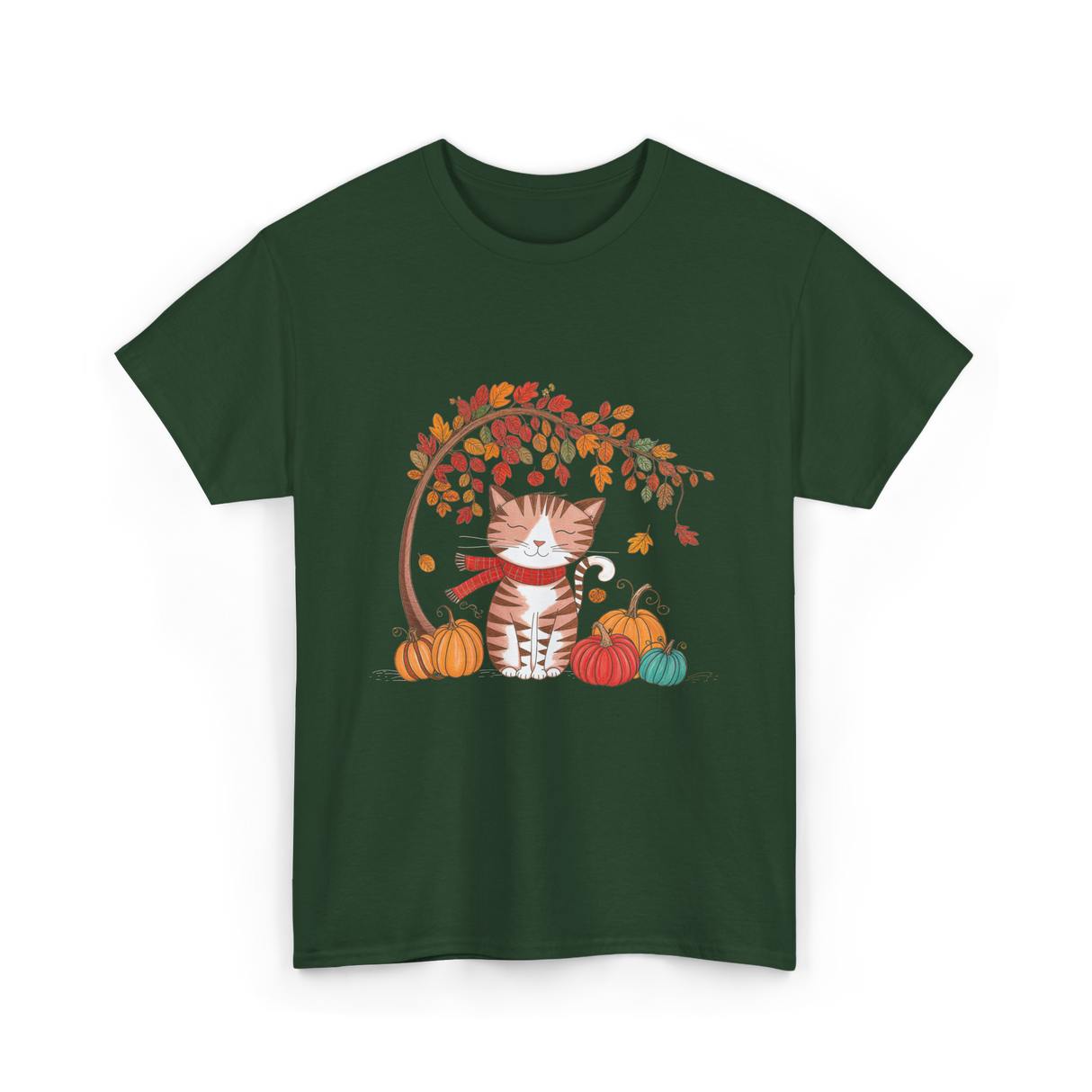 Happy Fall Cat Autumn T-Shirt - Forest Green