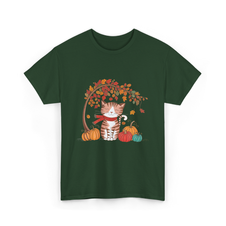 Happy Fall Cat Autumn T-Shirt - Forest Green