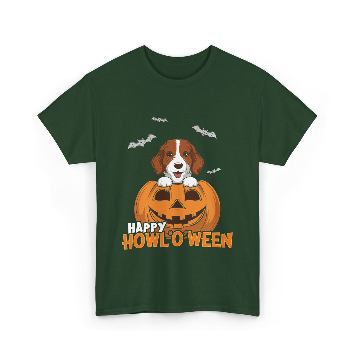 Happy Howl'O'ween Dog Pumpkin T-Shirt - Forest Green