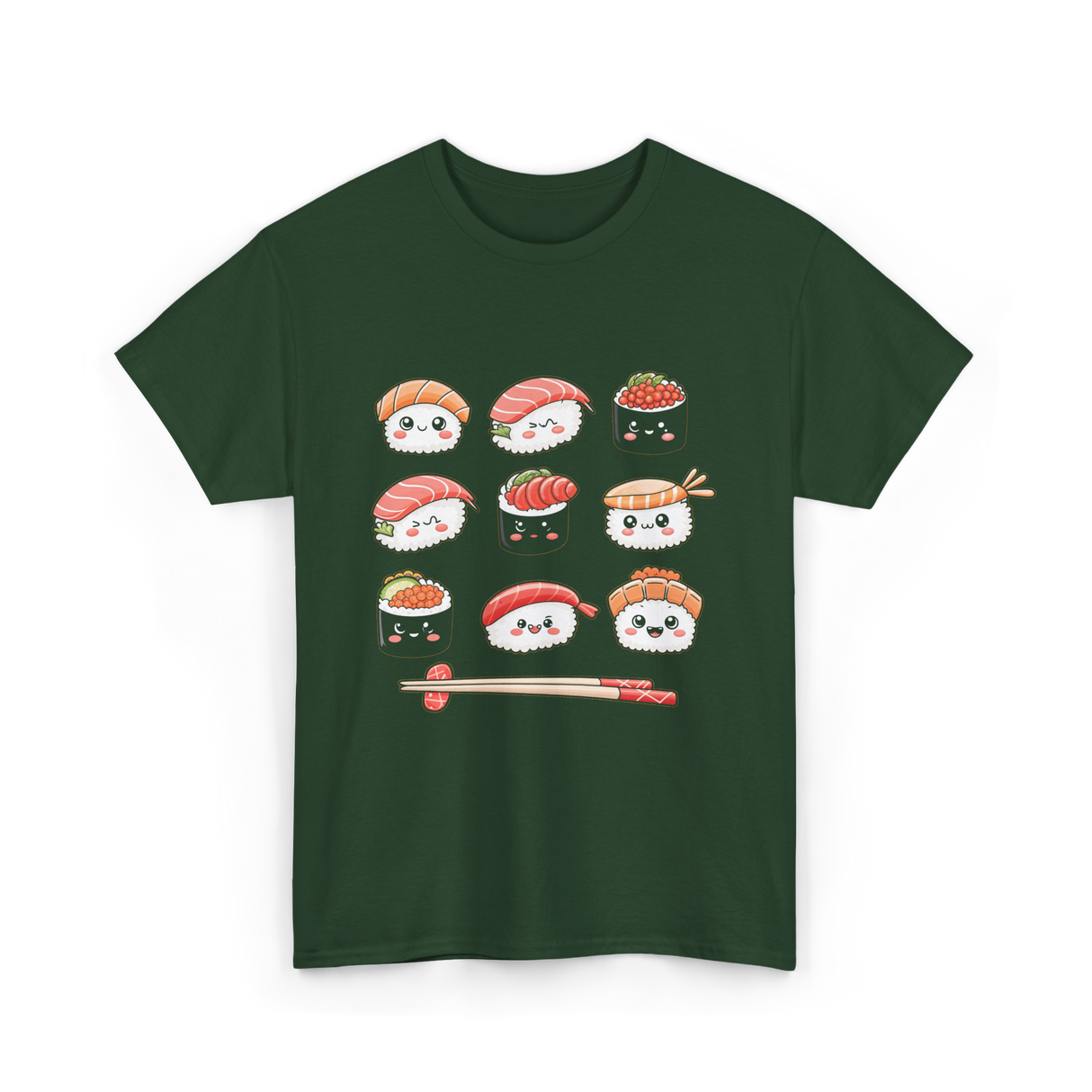 Happy Sushi Kawaii Anime Food T-Shirt - Forest Green