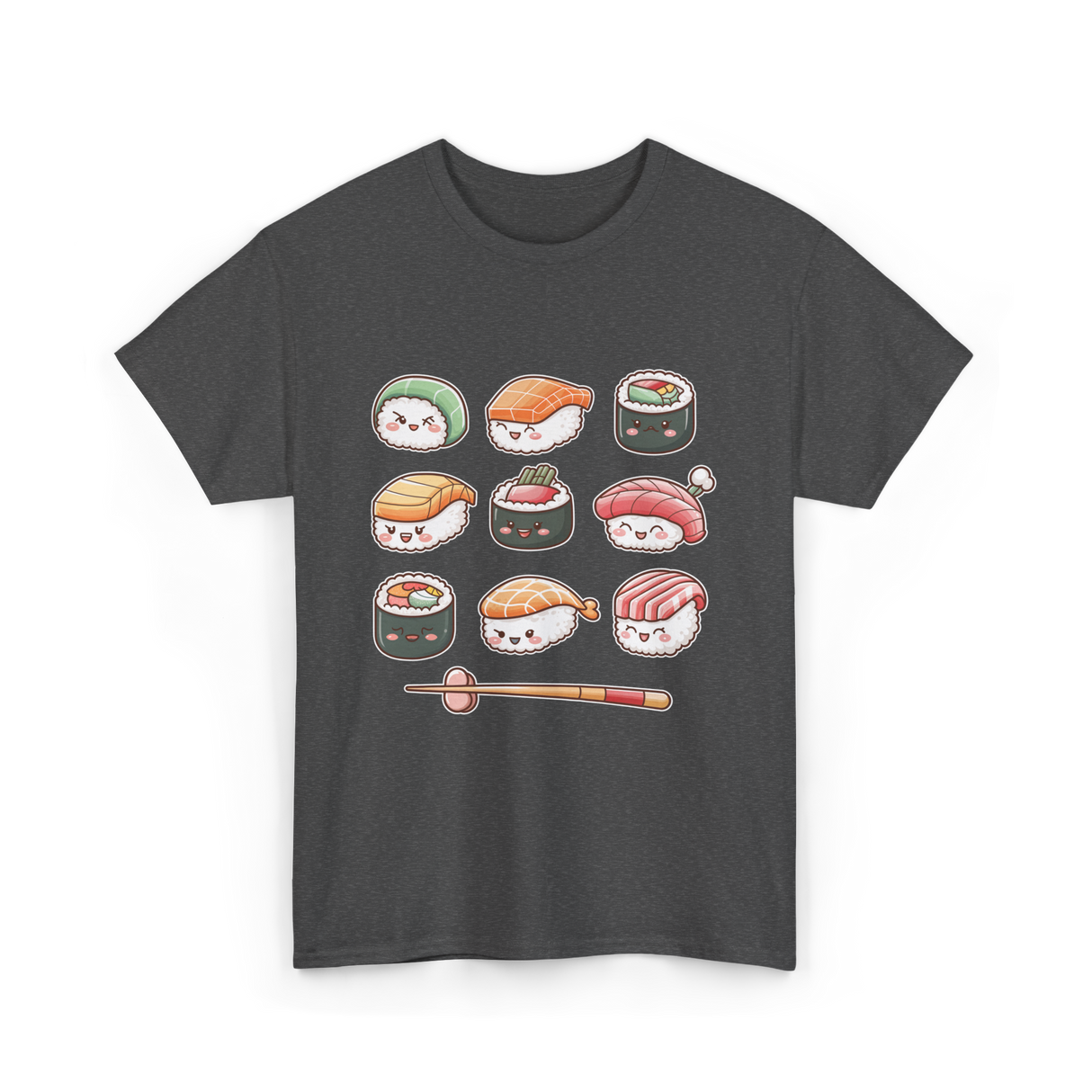 Happy Sushi Kawaii Anime Food T-Shirt - Dark Heather