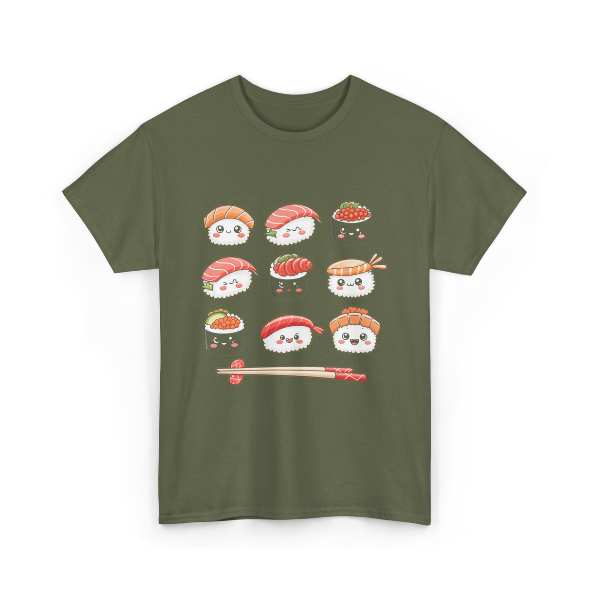 Happy Sushi Kawaii Anime Food T-Shirt - Military Green