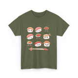 Happy Sushi Kawaii Anime Food T-Shirt - Military Green