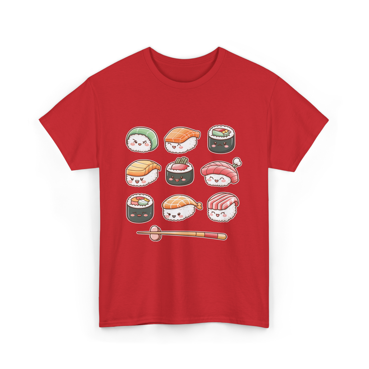 Happy Sushi Kawaii Anime Food T-Shirt - Red