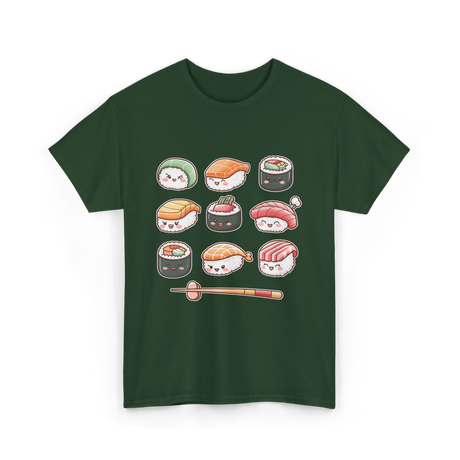 Happy Sushi Kawaii Anime Food T-Shirt - Forest Green