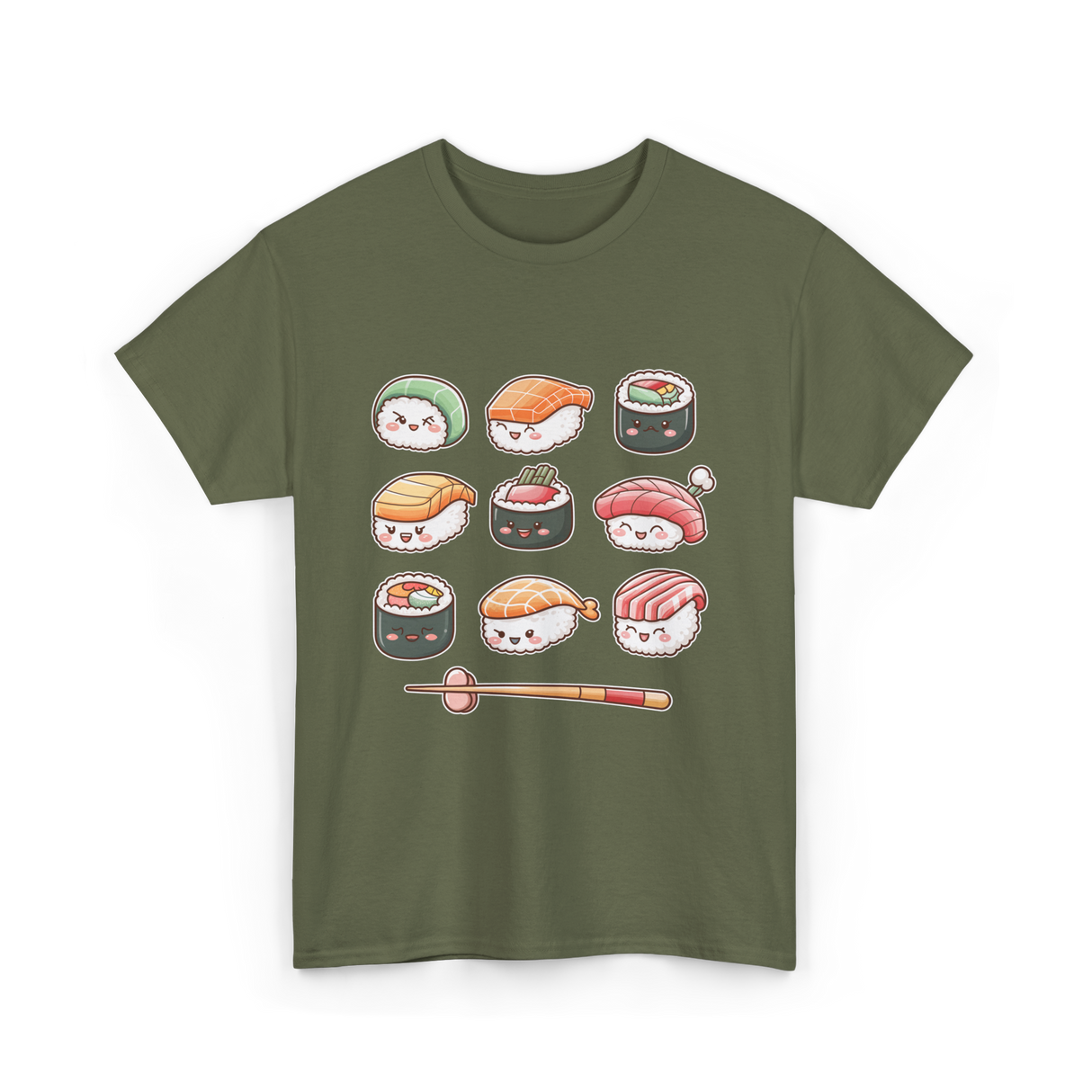 Happy Sushi Kawaii Anime Food T-Shirt - Military Green