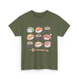 Happy Sushi Kawaii Anime Food T-Shirt - Military Green