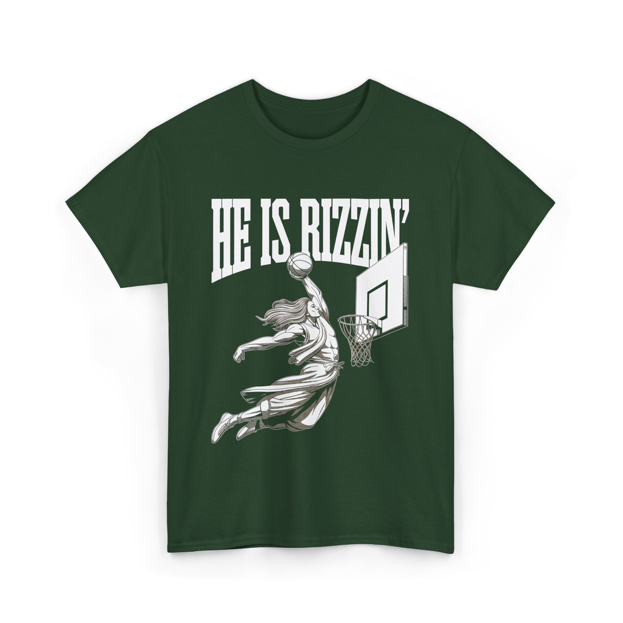 He Is Rizzin Basketball Jesus T-Shirt - Forest Green