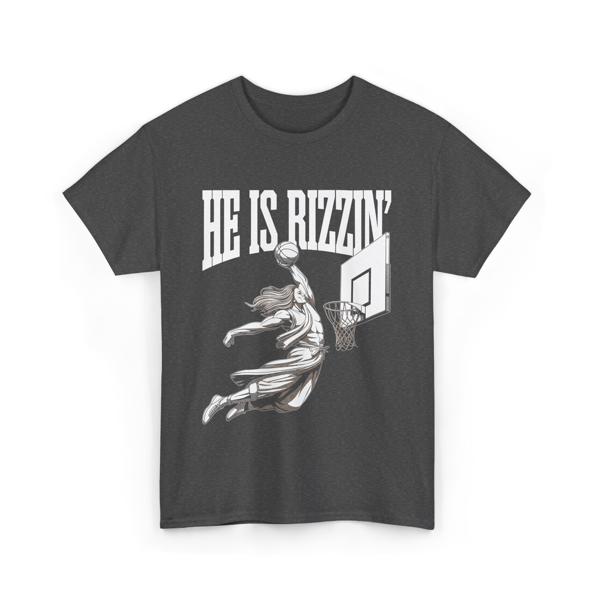 He Is Rizzin Basketball Jesus T-Shirt - Dark Heather