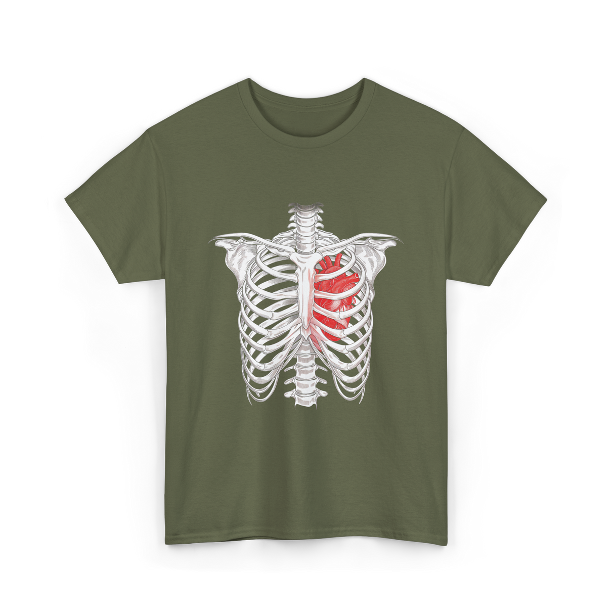 Heart Inside Rib Cage Halloween T-Shirt - Military Green