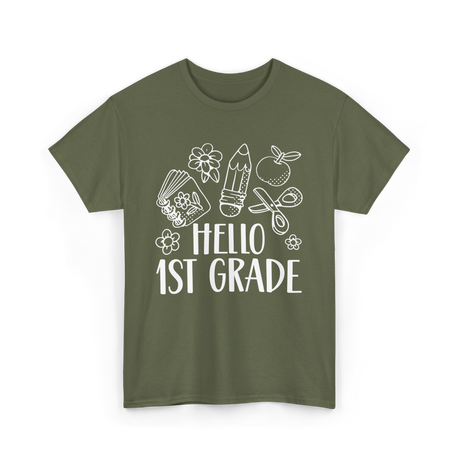 Hello 1st Grade School Pupil T-Shirt - Military Green