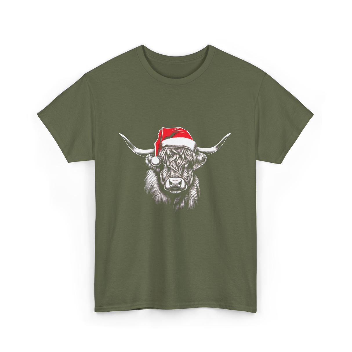 Highland Cow Christmas Cow T-Shirt - Military Green