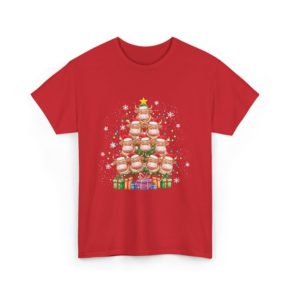 Highland Cow Christmas Tree Cow Lover T-Shirt - Red