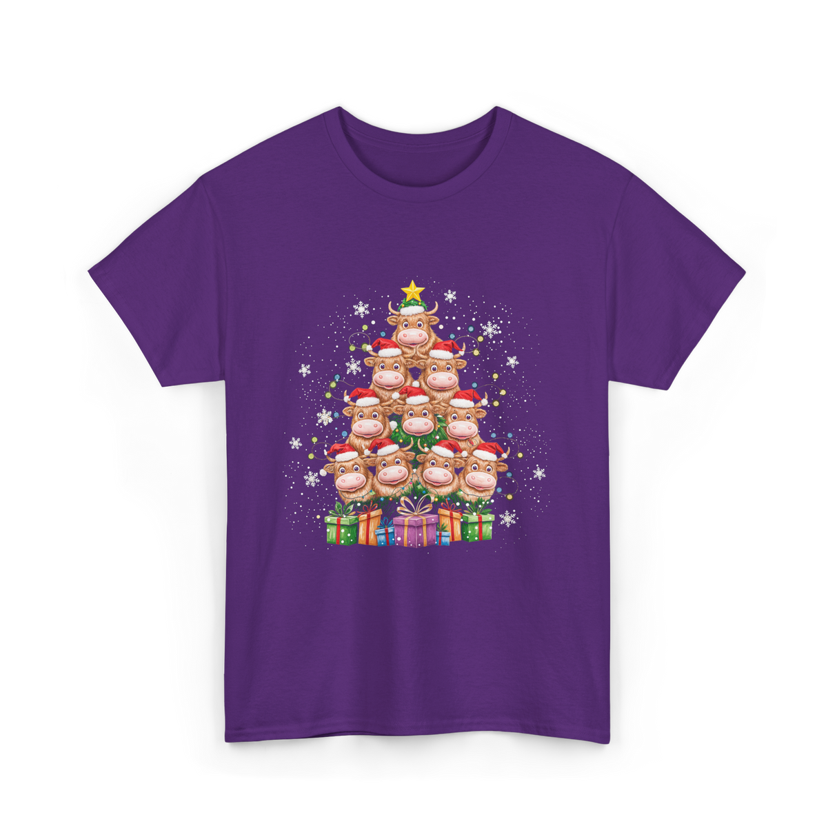 Highland Cow Christmas Tree Cow Lover T-Shirt - Purple