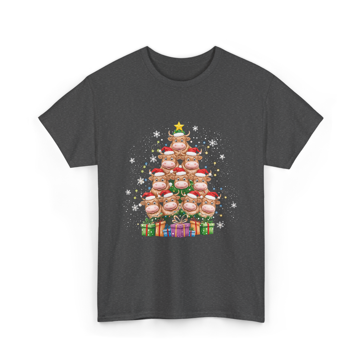 Highland Cow Christmas Tree Cow Lover T-Shirt - Dark Heather