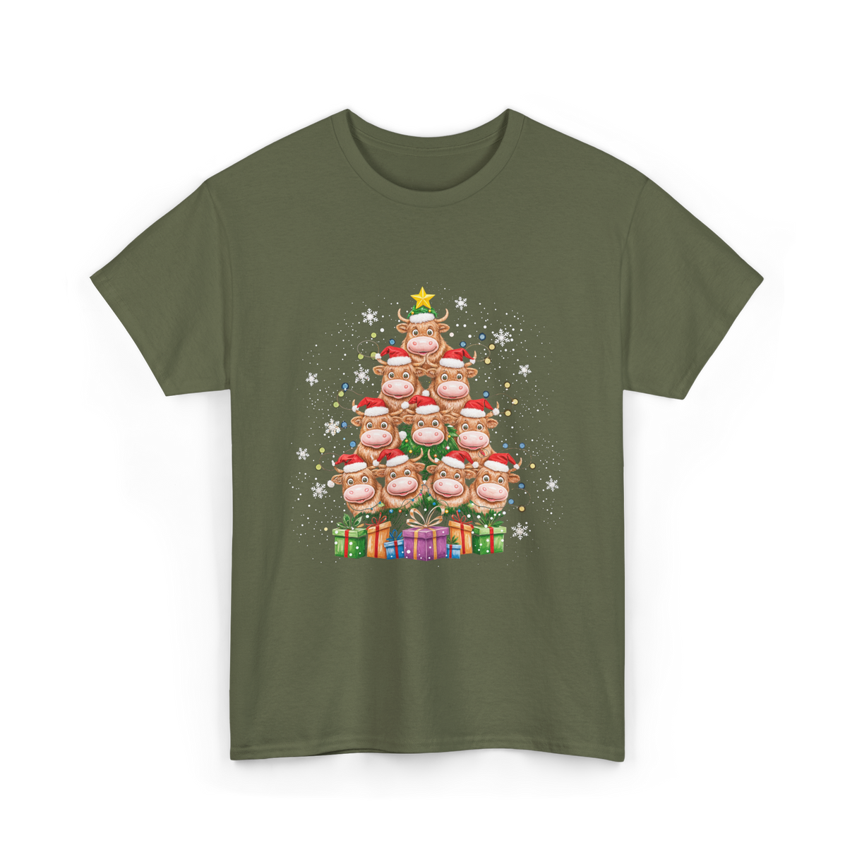 Highland Cow Christmas Tree Cow Lover T-Shirt - Military Green