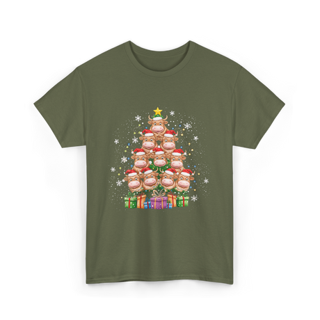 Highland Cow Christmas Tree Cow Lover T-Shirt - Military Green