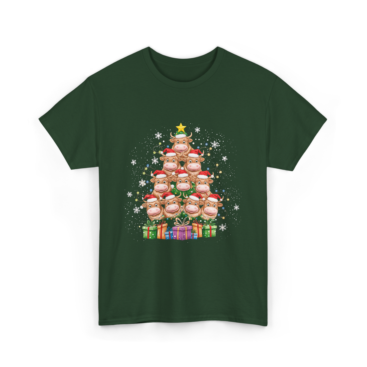 Highland Cow Christmas Tree Cow Lover T-Shirt - Forest Green