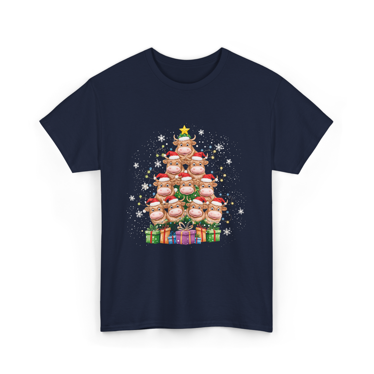 Highland Cow Christmas Tree Cow Lover T-Shirt - Navy