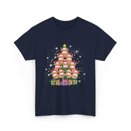 Highland Cow Christmas Tree Cow Lover T-Shirt - Navy