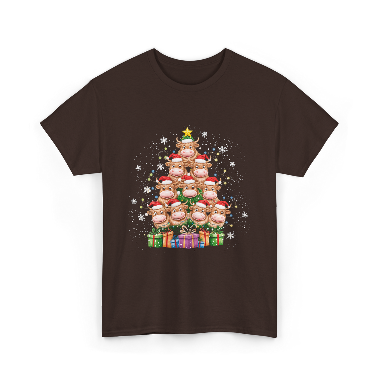 Highland Cow Christmas Tree Cow Lover T-Shirt - Dark Chocolate