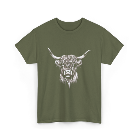 Highland Cow Illustration Cow T-Shirt - Military Green