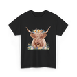 Highland Cow With Flowers Cow T-Shirt - Black