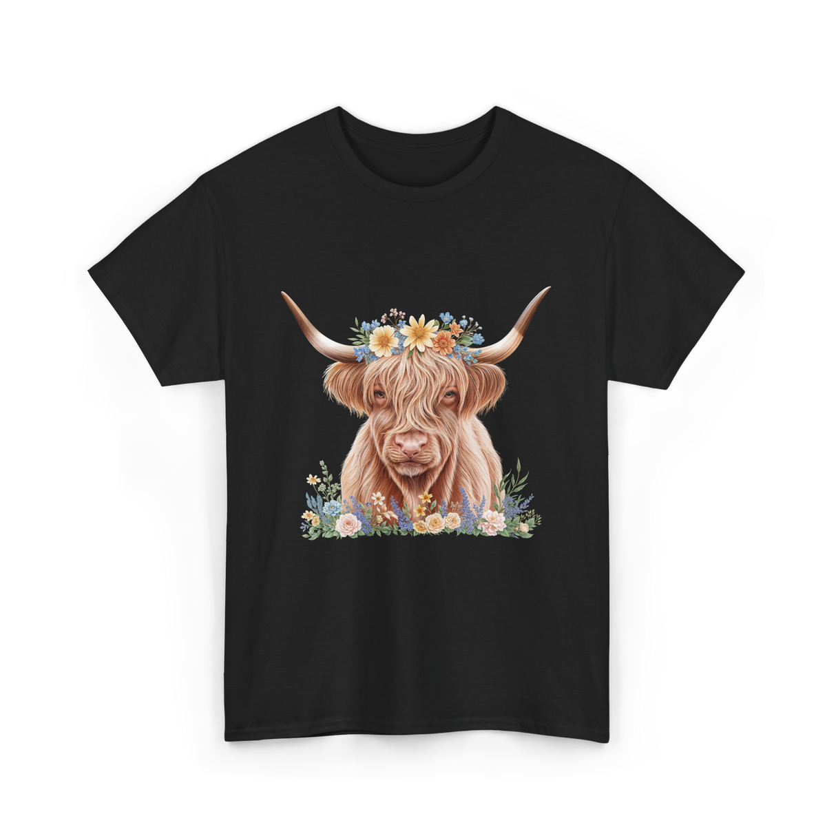 Highland Cow With Flowers Cow T-Shirt - Black