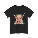 Highland Cow With Flowers Cow T-Shirt - Black