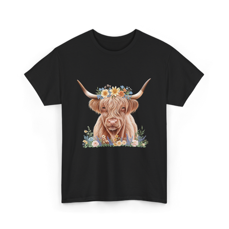 Highland Cow With Flowers Cow T-Shirt - Black