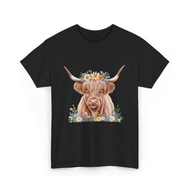 Highland Cow With Flowers Cow T-Shirt - Black