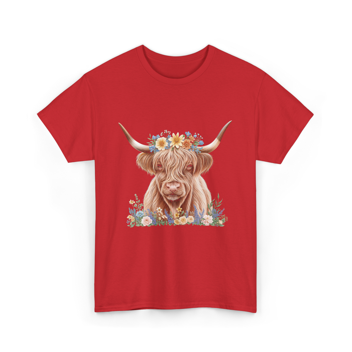 Highland Cow With Flowers Cow T-Shirt - Red