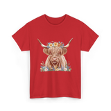 Highland Cow With Flowers Cow T-Shirt - Red