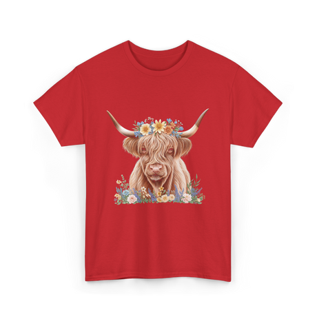 Highland Cow With Flowers Cow T-Shirt - Red