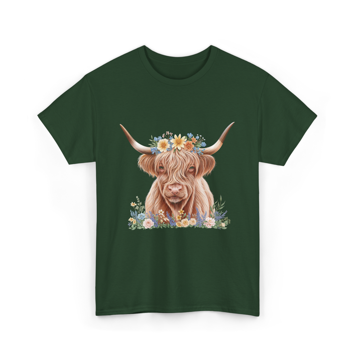 Highland Cow With Flowers Cow T-Shirt - Forest Green