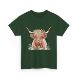 Highland Cow With Flowers Cow T-Shirt - Forest Green