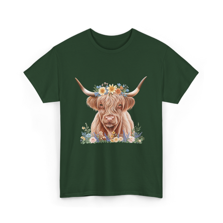 Highland Cow With Flowers Cow T-Shirt - Forest Green