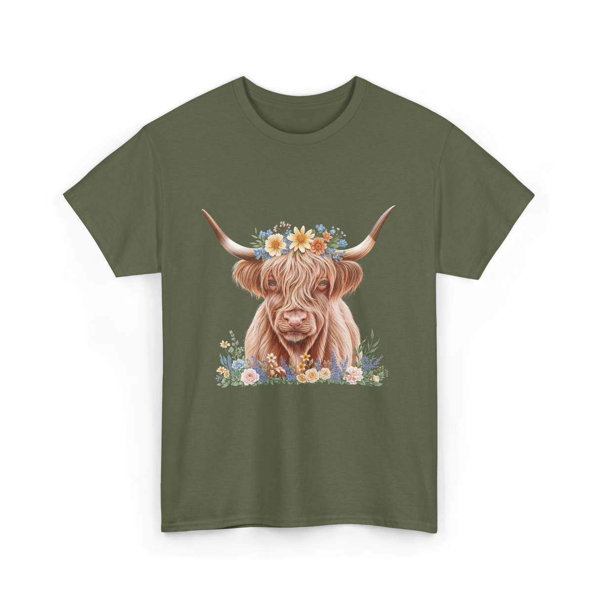 Highland Cow With Flowers Cow T-Shirt - Military Green