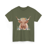 Highland Cow With Flowers Cow T-Shirt - Military Green