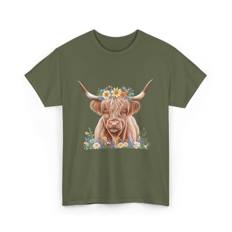 Highland Cow With Flowers Cow T-Shirt - Military Green