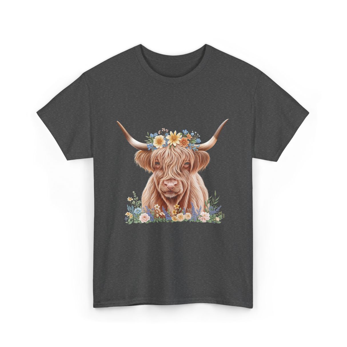 Highland Cow With Flowers Cow T-Shirt - Dark Heather