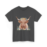 Highland Cow With Flowers Cow T-Shirt - Dark Heather