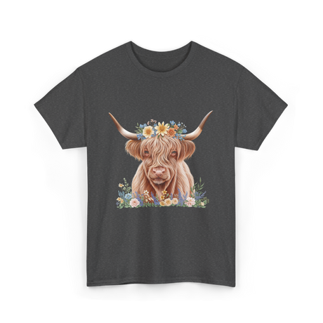 Highland Cow With Flowers Cow T-Shirt - Dark Heather