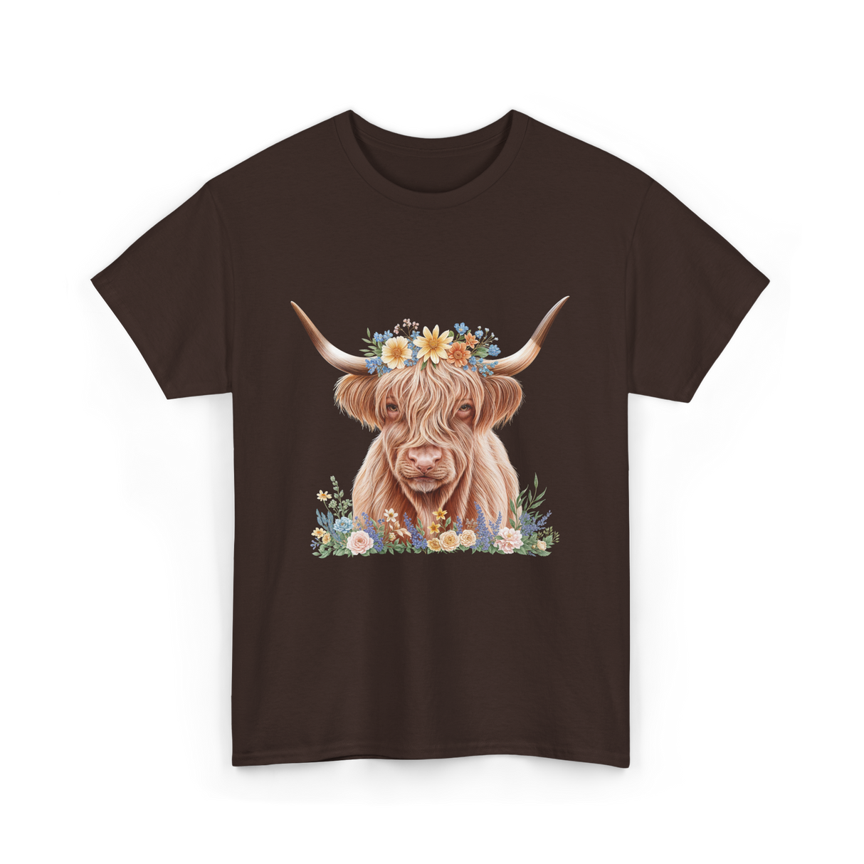 Highland Cow With Flowers Cow T-Shirt - Dark Chocolate