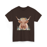 Highland Cow With Flowers Cow T-Shirt - Dark Chocolate