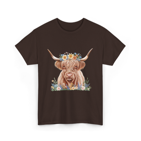 Highland Cow With Flowers Cow T-Shirt - Dark Chocolate