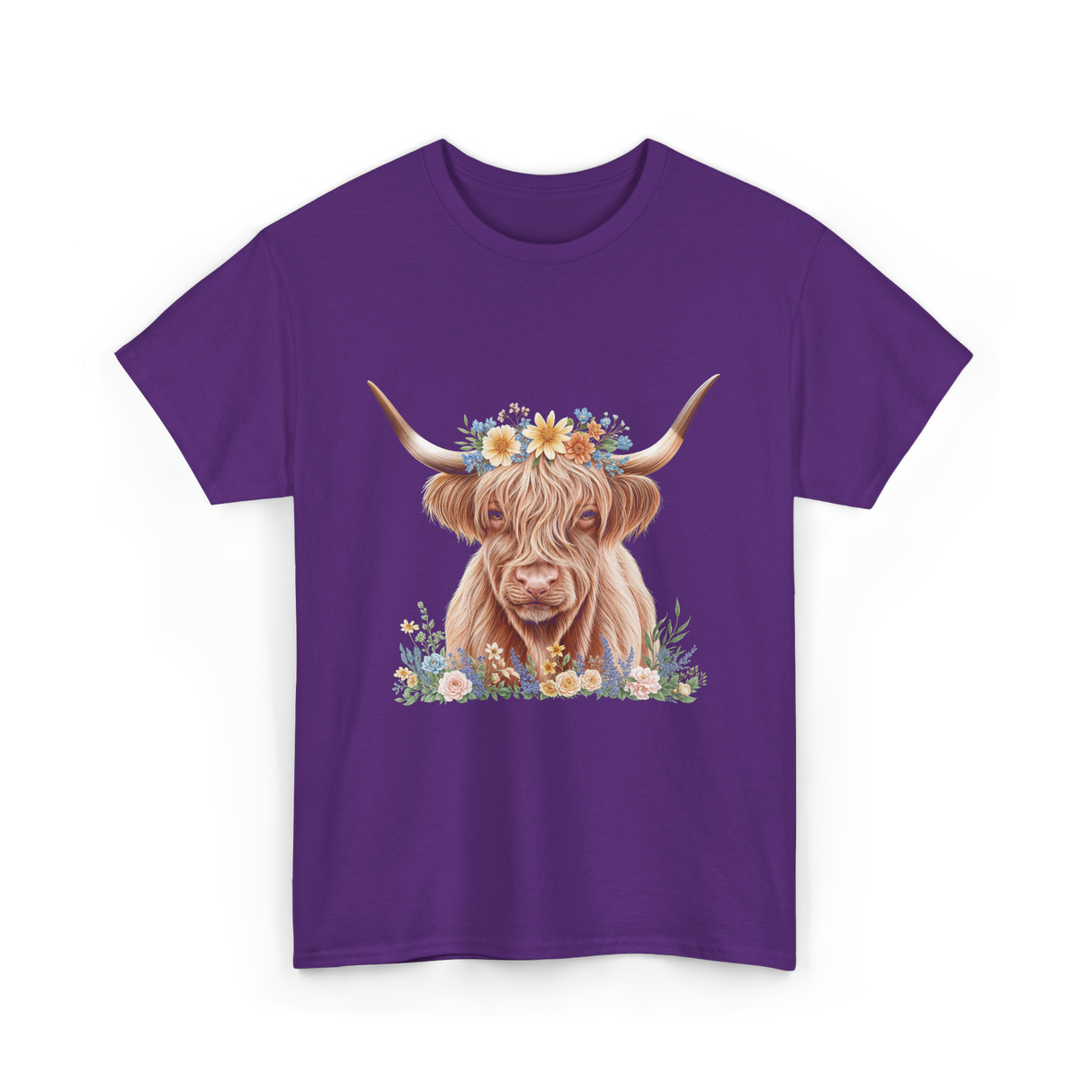 Highland Cow With Flowers Cow T-Shirt - Purple